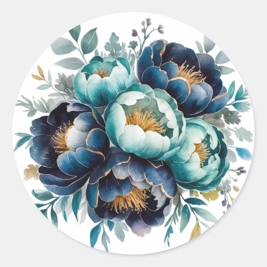 Sticker Rond Aquarelle Aqua Navy Blue Peony Floral Mariage (Devant)