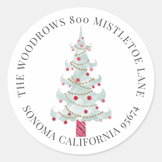Sticker Rond Aquarelle Arbre de Noël Adresse de retour (Devant)