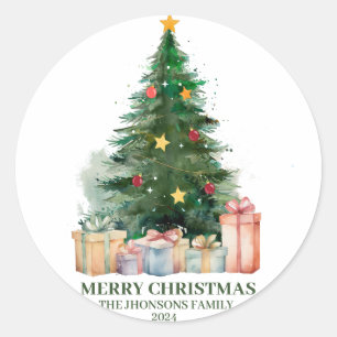 Sticker Rond Aquarelle Arbre de Noël avec cadeaux