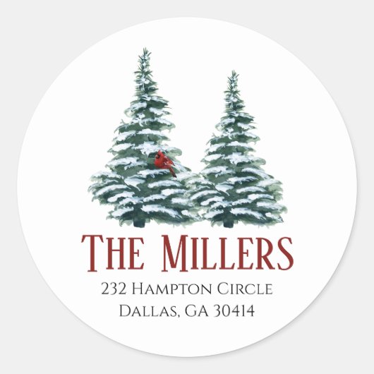 Sticker Rond Aquarelle Arbre de Noël avec Cardinal (Devant)