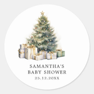 Sticker Rond Aquarelle Arbre de Noël Baby shower d'hiver