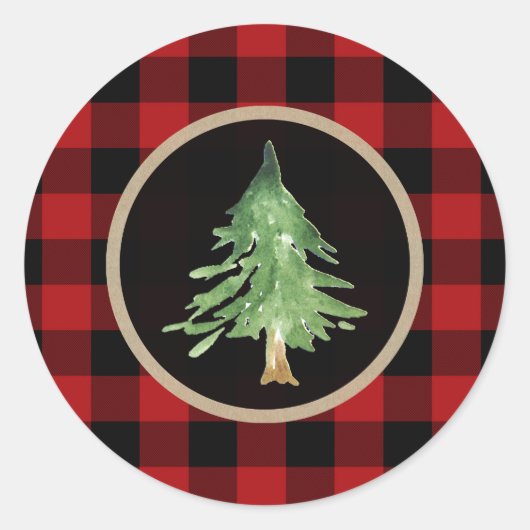 Sticker Rond Aquarelle Arbre de Noël Hiver Buffle rouge Plaid (Devant)