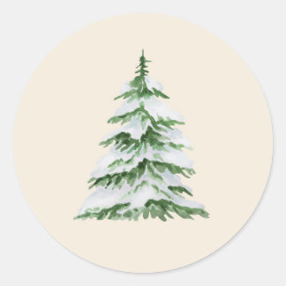 Sticker Rond Aquarelle Arbre de Noël neigeux