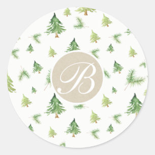 Sticker Rond Aquarelle Arbres Pins Monogramme Initial Lettre Ca