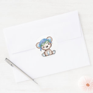 Sticker Rond Aquarelle Avion Pilote Enveloppe Ours Teddy