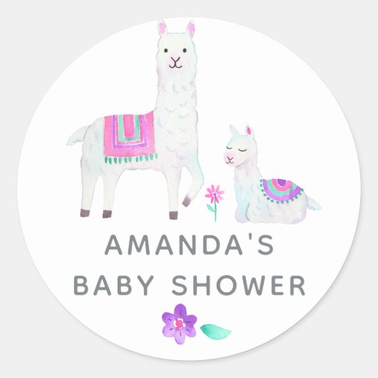 Sticker Rond Aquarelle Baby shower à thème Llama (Devant)