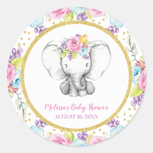 Sticker Rond Aquarelle Baby shower d'éléphants floraux (Devant)