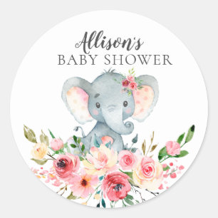 Sticker Rond Aquarelle Baby shower d'éléphants floraux