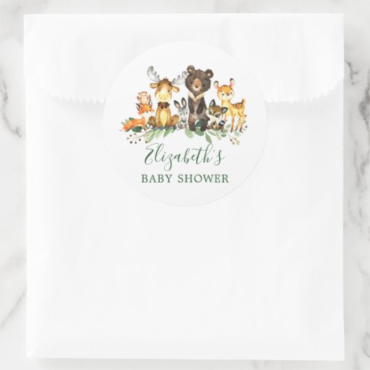 Sticker Rond Aquarelle Baby shower des animaux de bois (Sac)