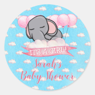 Sticker Rond Aquarelle Baby shower Eléphant Rose Cute