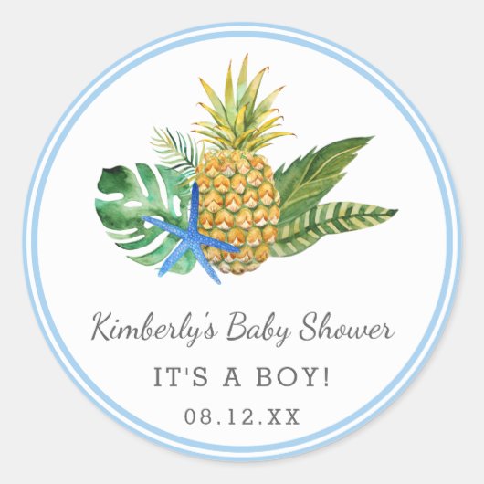 Sticker Rond Aquarelle Baby shower Luau | Bleu | (Devant)