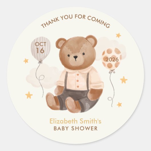 Sticker Rond Aquarelle Baby shower Ours en Teddy (Devant)