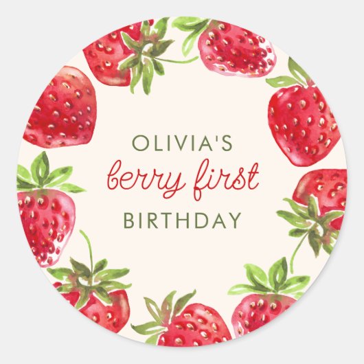 Sticker Rond Aquarelle Berry fraise Premier 1er anniversaire (Devant)