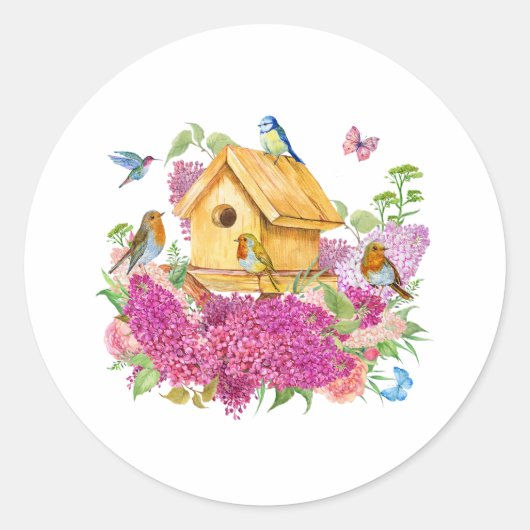 Sticker Rond Aquarelle Birdhouse, Oiseaux et Fleurs Lilac (Devant)