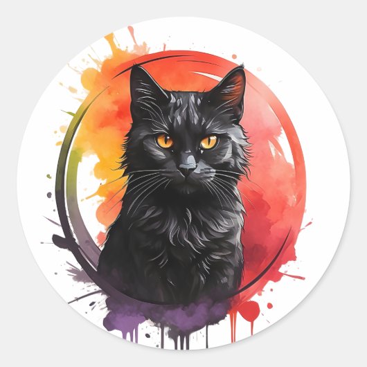 Sticker Rond Aquarelle Black Chat Splatter Art Portrait (Devant)