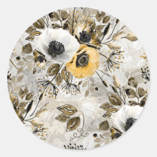 Sticker Rond Aquarelle blanche, fleurs jaunes