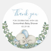 Sticker Rond Aquarelle bleu Baby shower éléphant Merci (Devant)