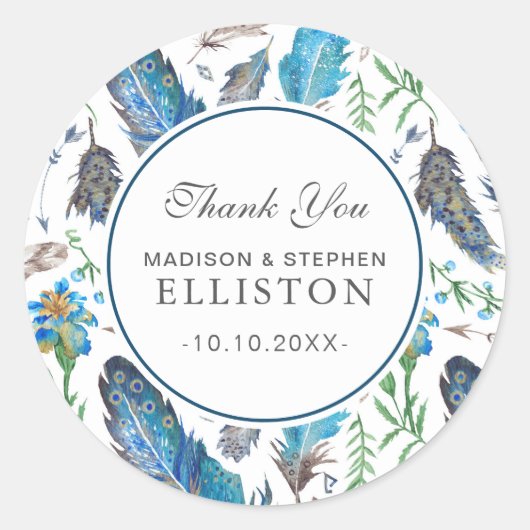 Sticker Rond Aquarelle bleu Boho Aztec | MERCI (Devant)