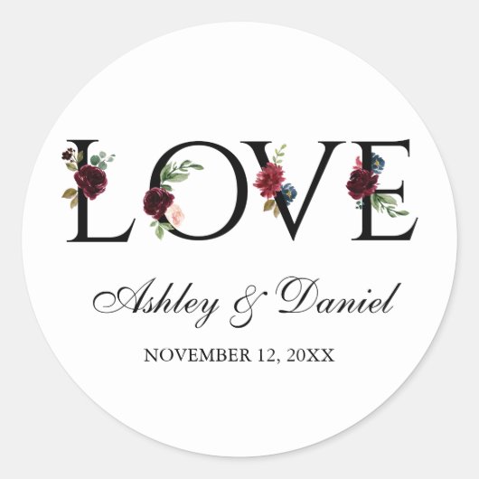 Sticker Rond Aquarelle Bleu Bourgogne Floral Love Mariage (Devant)