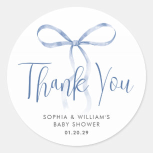 Sticker Rond Aquarelle bleu clair Bow ruban Baby shower garçon
