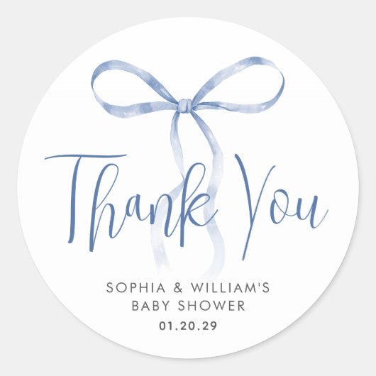 Sticker Rond Aquarelle bleu clair Bow ruban Baby shower garçon (Devant)