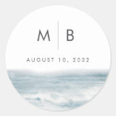 Sticker Rond Aquarelle bleu côtier Monogramme Mariage Favoriser (Devant)
