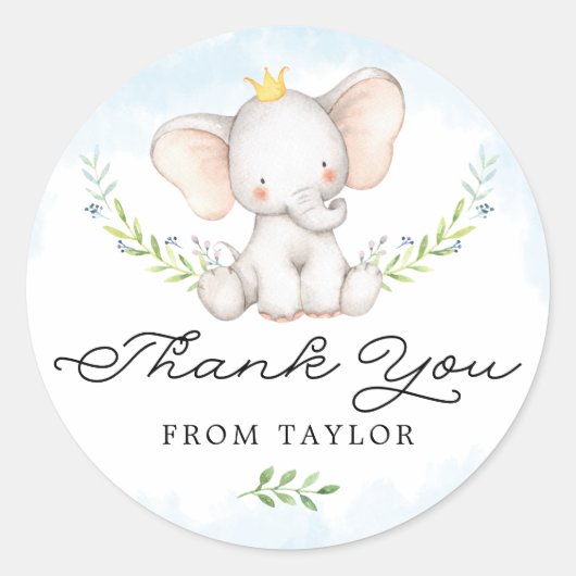Sticker Rond Aquarelle Bleu Cute Bébé Eléphant Merci (Devant)