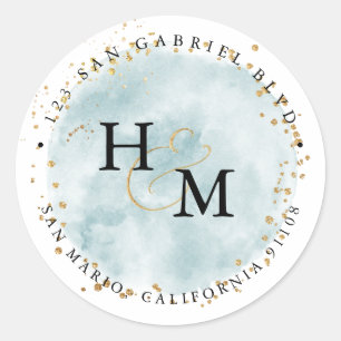 Sticker Rond Aquarelle bleu Dusty Brosse or Script Ampersand