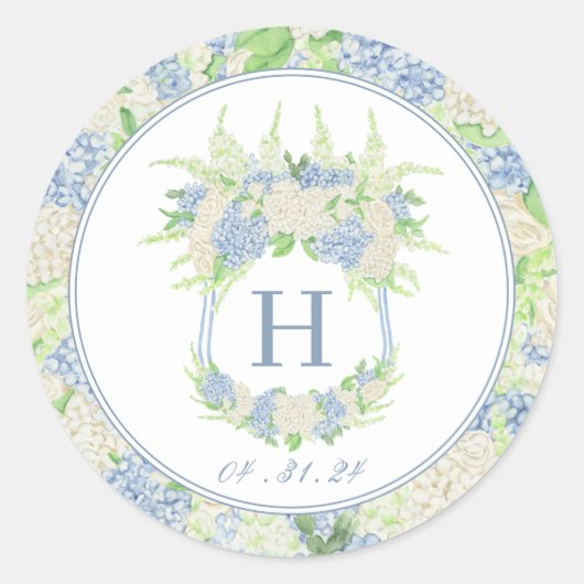 Sticker Rond Aquarelle Bleu et Blanc Hydrangea Crest (Devant)