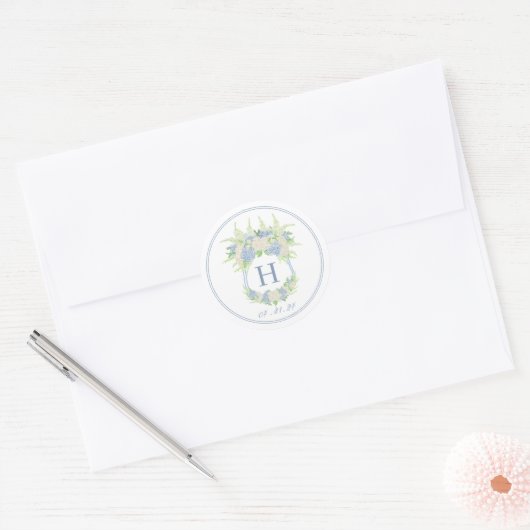 Sticker Rond Aquarelle Bleu et Blanc Hydrangea Crest (Enveloppe)
