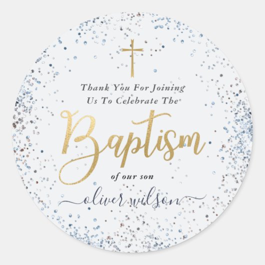 Sticker Rond Aquarelle Bleu Et Or Merci Baptême Garçon (Devant)