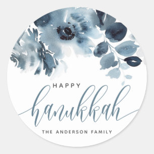 Sticker Rond Aquarelle bleu Fleurs joyeuses Hanoukka Calligraph