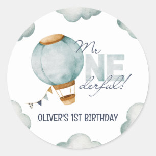 Sticker Rond Aquarelle Bleu Hot Air Balloon M. ONEderful Boy