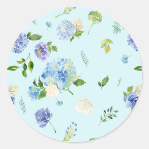 Sticker Rond Aquarelle Bleu Hydrangée et Rose motif floral