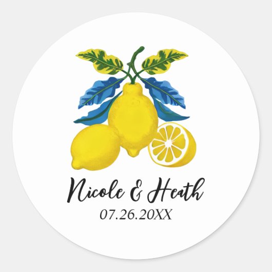 Sticker Rond Aquarelle bleu jaune citron Mariage méditerranéen (Devant)