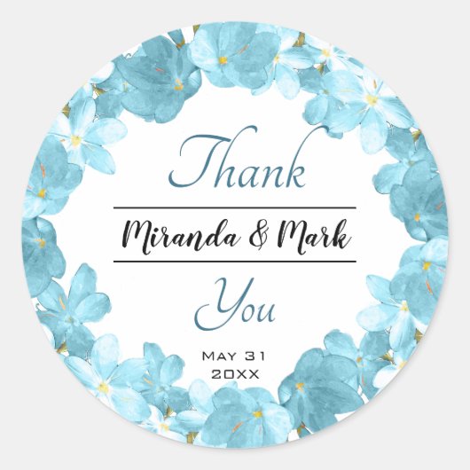 Sticker Rond Aquarelle bleu Mariage Merci de couronne de fleurs (Devant)