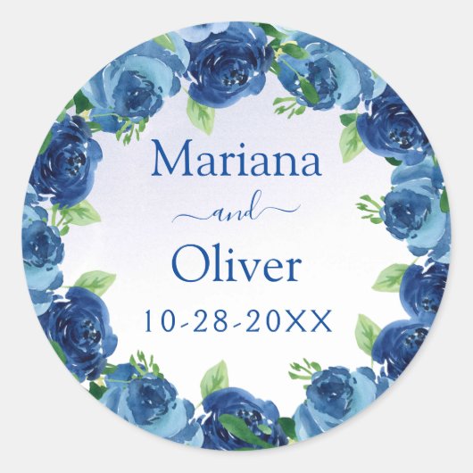 Sticker Rond Aquarelle bleu marine Floral Mariage Classic Round (Devant)