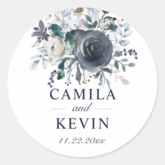 Sticker Rond Aquarelle bleu marine Floral Mariage Mariage (Devant)