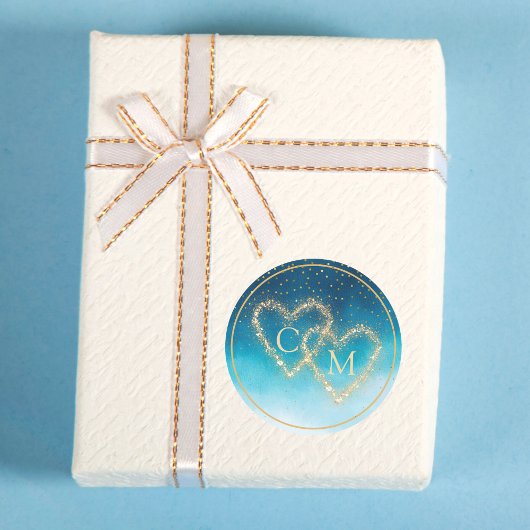 Sticker Rond Aquarelle Bleu Océan Vagues Avec Mariage Monogramm