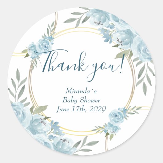 Sticker Rond Aquarelle bleu simple Baby shower floral classique (Devant)