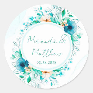 Sticker Rond Aquarelle bleu turquoise Floral Mariage géométriqu
