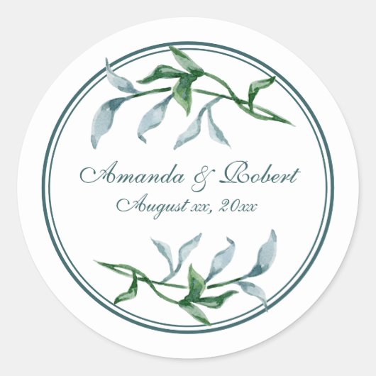 Sticker Rond Aquarelle Bleu Vert Branches Florales Mariage (Devant)