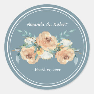 Sticker Rond Aquarelle Bleu, Vert, Taupe Floral Classe Mariage