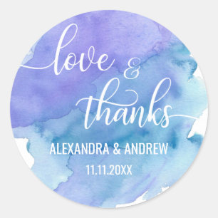 Sticker Rond Aquarelle Bleu violet Mariage Amour & Merci