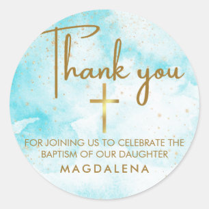 Sticker Rond Aquarelle bleue Croix or Baptême Merci Favor
