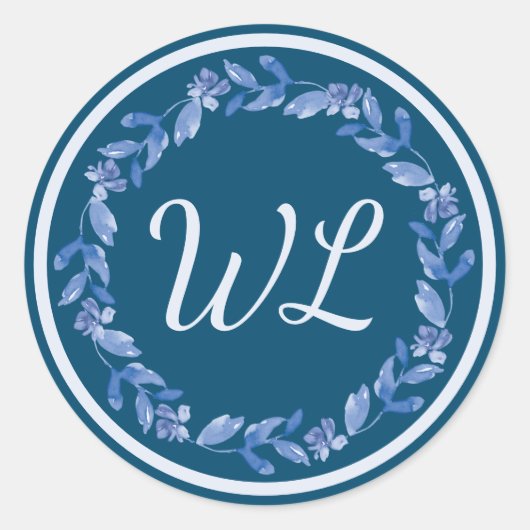 Sticker Rond Aquarelle bleue Fleur couronne Monogramme (Devant)