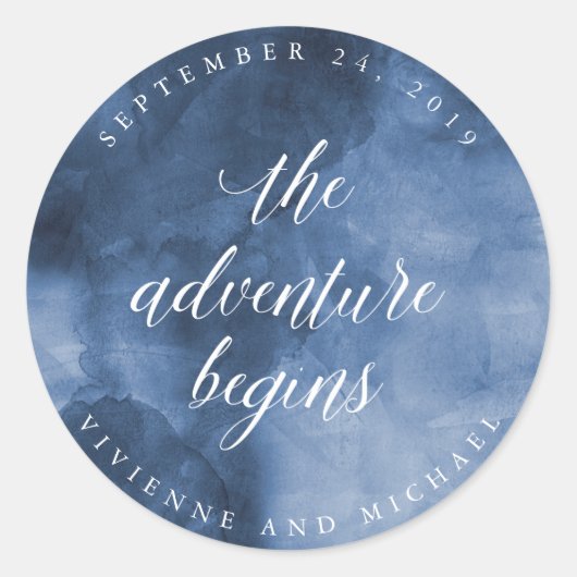 Sticker Rond Aquarelle bleue | L'aventure commence Mariage (Devant)