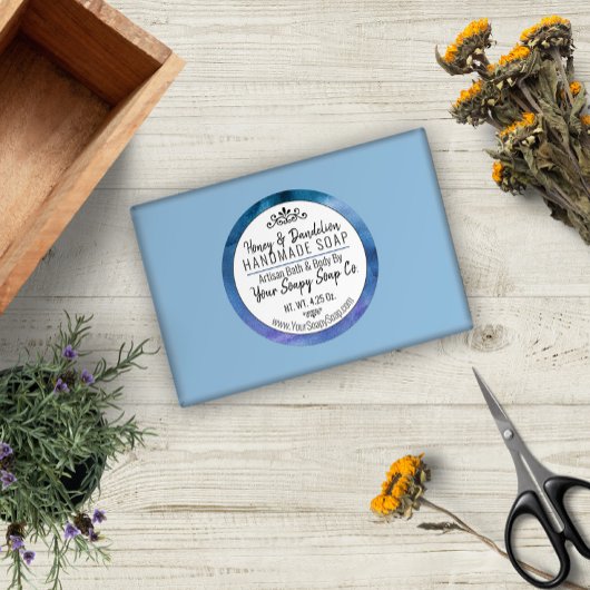 Sticker Rond Aquarelle bleue Soap artisanal Typographie moderne