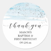 Sticker Rond Aquarelle Blue et Silver Merci Party Favoriser (Devant)