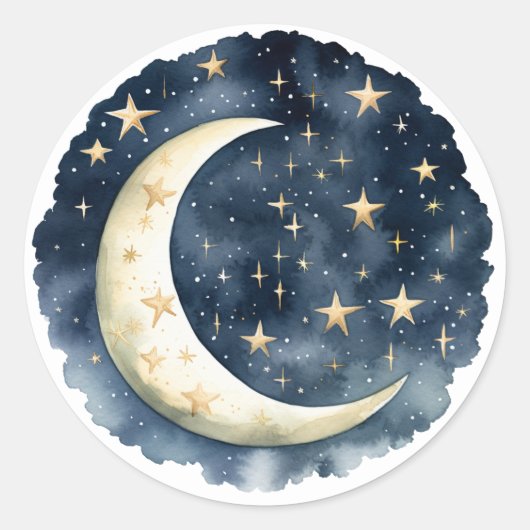 Sticker Rond Aquarelle Blue Space et Golden Moon Baby shower (Devant)